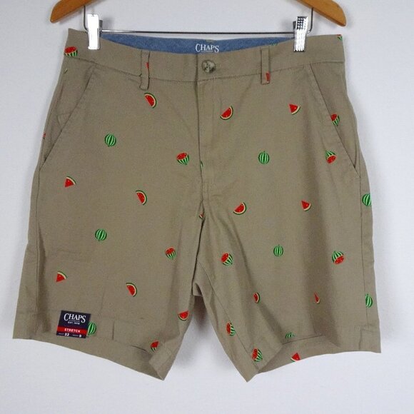 Chaps Watermelon Print Shorts Men's Size 32 Beige Twill Stretch 9" Inseam - Picture 1 of 8
